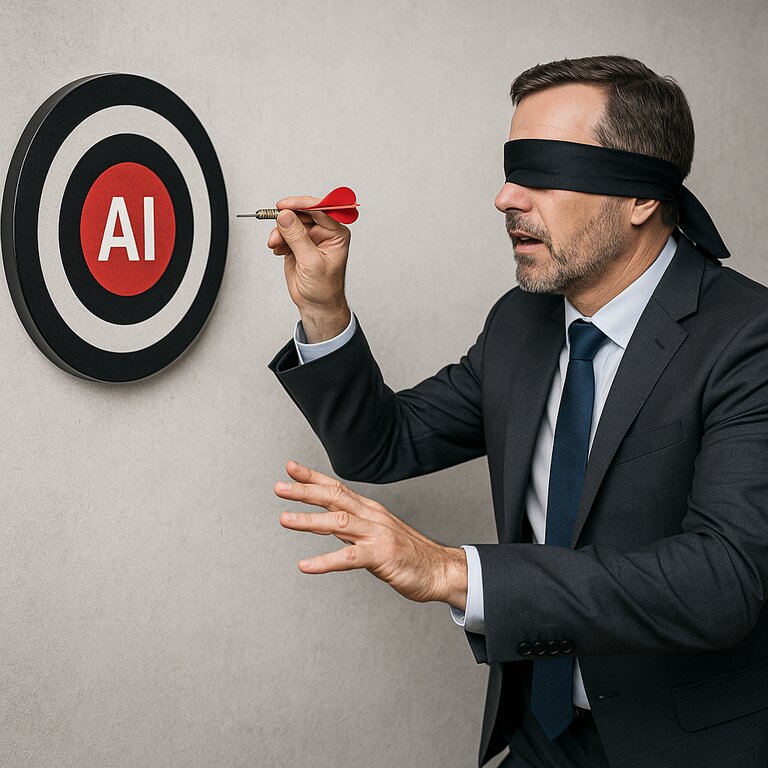 Blindfolded business executive in a suit aiming a dart at a bullseye labeled AI, symbolizing the uncertainty and risk of adopting artificial intelligence without a clear strategy.