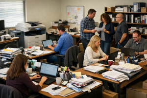 Busy small offices with team members juggling multiple hats, laptops, paperwork, and shared resources-represent the daily IT and productivity challenges faced by growing DFW organizations