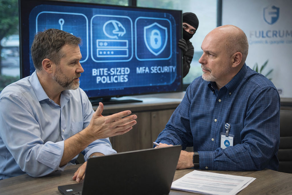 Fractional CIO advising an SMB leader on cybersecurity leadership, risk register, and phishing training strategy