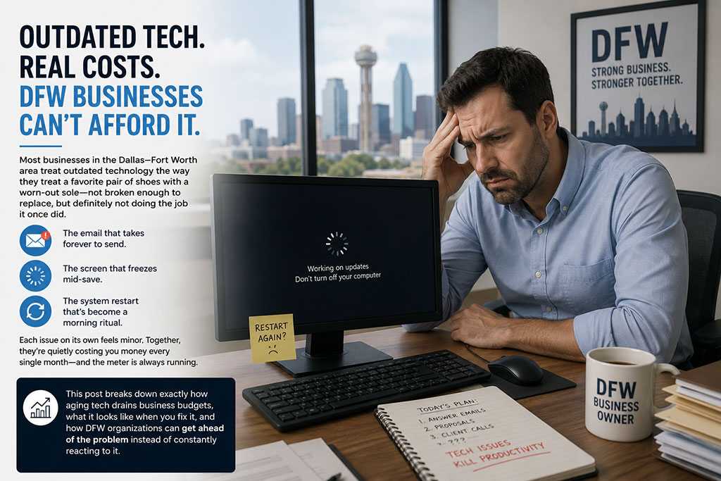 Business owner in a DFW office frustrated with a slow, outdated computer