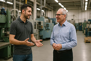 Discussing CMMC compliance and technology strategy on a DFW manufacturing floor surrounded by production machinery - symbolizing Fulcrum Group's local expertise helping North Texas manufacturers modernize operations.