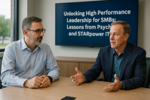 business leaders in a modern office discussing high performance leadership, technology alignment, and STARpower IT framework with The Fulcrum Group in DFW