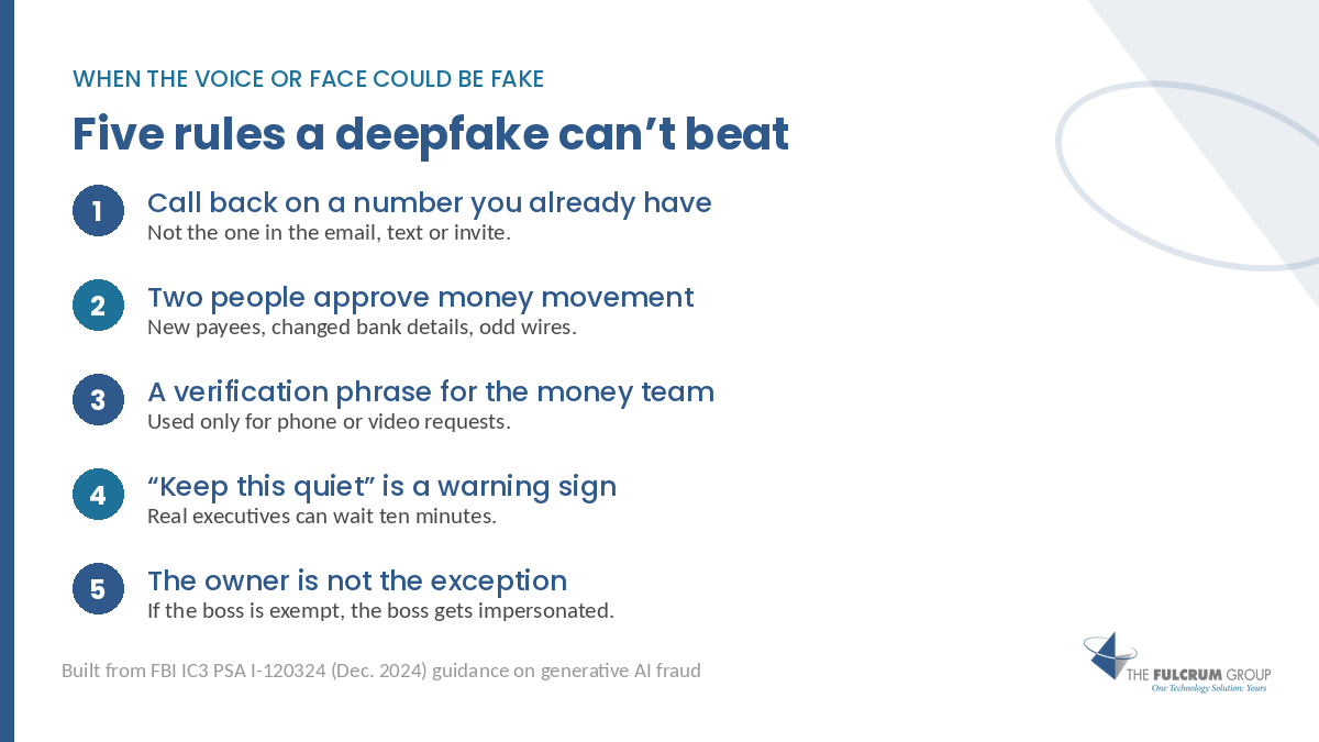 Numbered list of five verification rules: call back on a known number, two approvers for money, a verification phrase, treat secrecy as a warning sign, and no exception for the owner